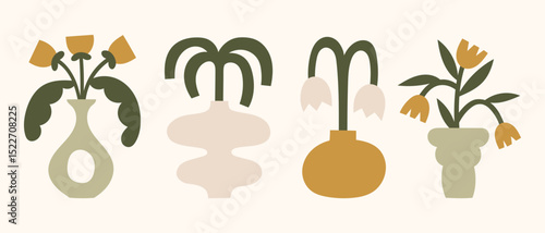 Vintage flower bouquets in boho vases vector illustrations set. Neutral colors minimalist florals and plants in pots clipart