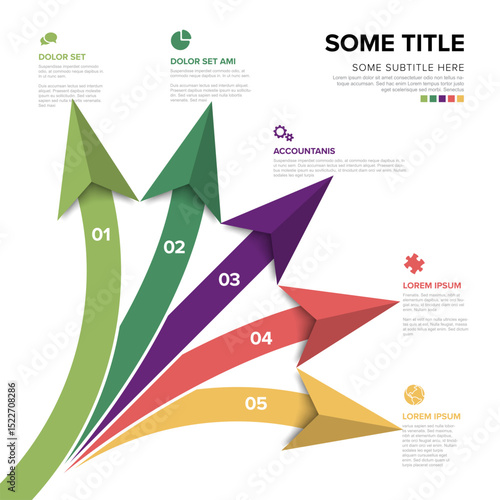 A clear and colorful infographic showing five steps with numbered arrows. This modern visual infographic demonstrates a process or multi-step strategic process.
