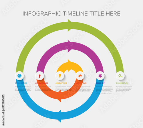 Visually appealing infographic timeline chart featuring a colourful spiral process with six steps. Ideal for presenting your workflow or business process steps effectively.