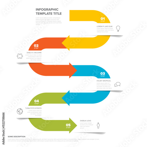 Colorful infographic template with a process diagram with 5 outlined steps. It is ideal for visualizing a business flow or educational concept using this infographic template and process diagram.