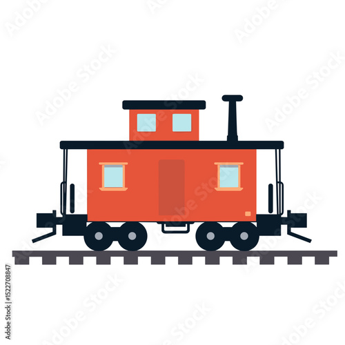 Illustration of a Red Caboose Train Car on Railroad Tracks, Flat Design Style