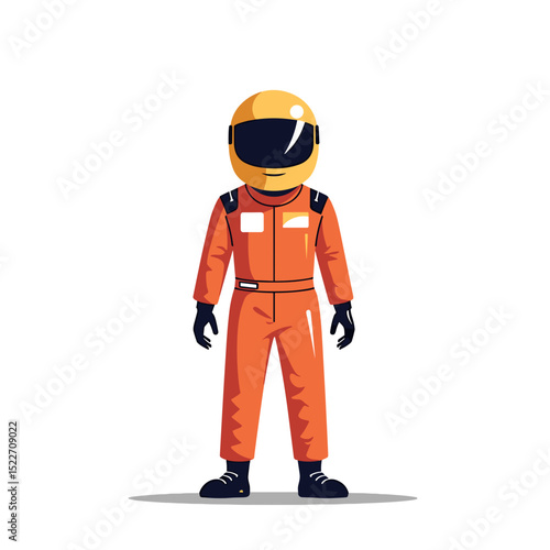 Cartoon Illustration of a Race Car Driver in Orange Racing Suit and Yellow Helmet Standing on a White Background