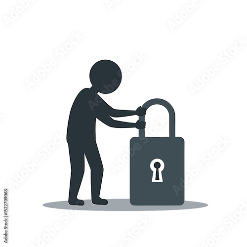 Silhouette Person Unlocking a Large Padlock Illustration with Keyhole, Concept for Security and Access