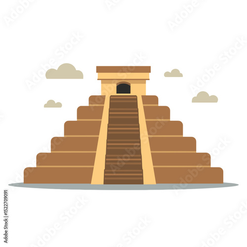 Flat Vector Illustration of a Mesoamerican Pyramid Temple with Stairway and Clouds in the Background