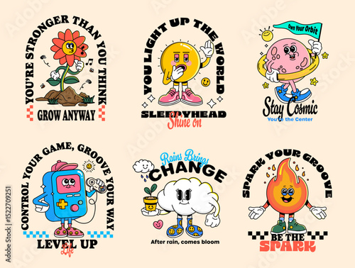 Groovy cartoon mascots with motivational quotes – retro design, colorful vector characters. Perfect for posters, stickers, t-shirts, social media, branding, kids & lifestyle projects.