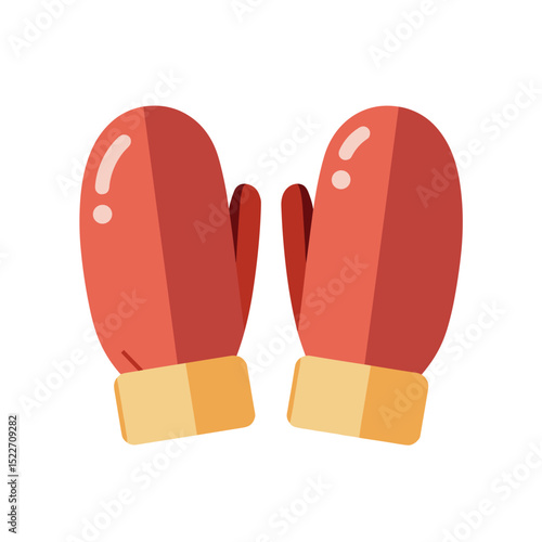 Pair of Red Winter Mittens with Tan Cuffs, Flat Vector Illustration for Cold Weather