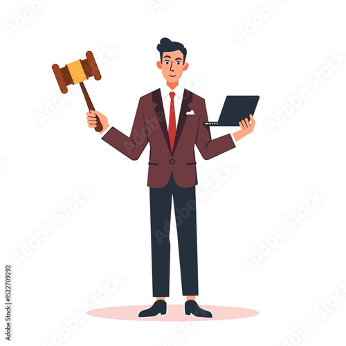 Illustration of a Businessman Holding a Gavel and Laptop, Representing Legal Technology and Online Auctions