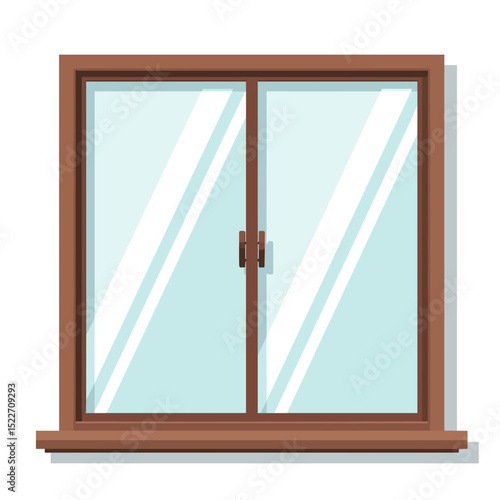 Illustration of a Brown Framed Window with Clear Glass Panes and a Window Sill, Modern Design