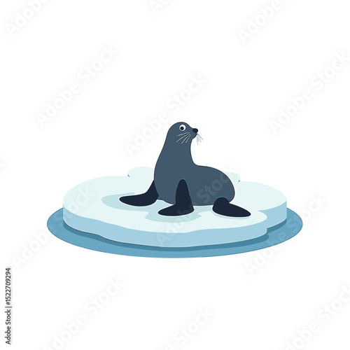 Cartoon Seal Resting on an Ice Floe in a Minimalist Vector Illustration Style