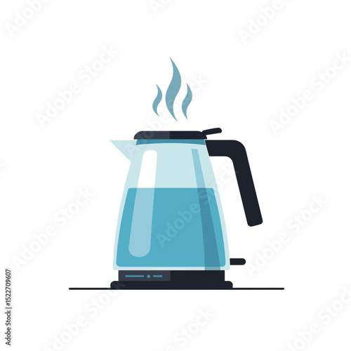 Electric Kettle with Water Boiling, Steam Rising, Flat Vector Illustration for Kitchen Appliances