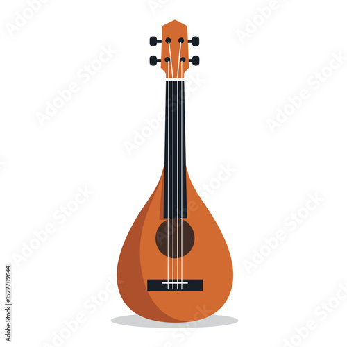 Illustration of a Brown Mandolin with Four Strings, Fretboard, and Tuning Pegs on a White Background