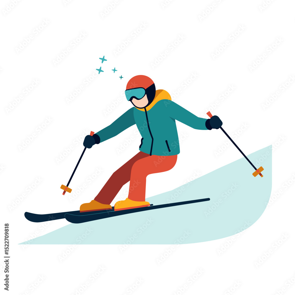 Obraz premium Cartoon Illustration of a Skier in Action on a Snowy Slope with Ski Poles and Winter Gear