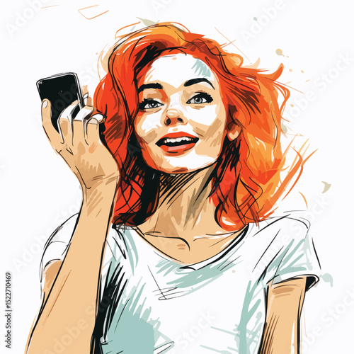 Professional Vector Illustration of a Woman Taking a Selfie with Doodle Effect