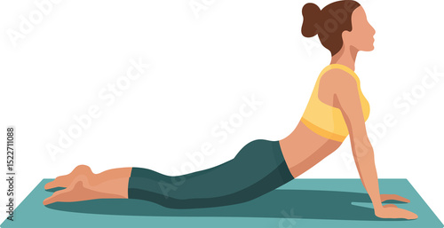 Abstract figure of a woman doing yoga on a mat in upward facing dog pose, isolated element on transparent background.