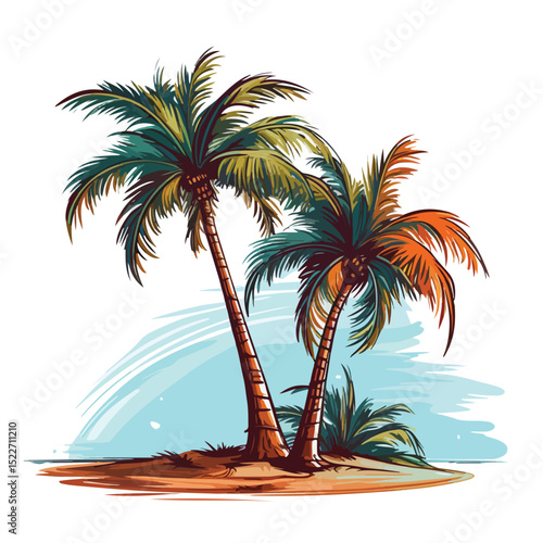 Tropical Beach Scene with Palm Trees Vector Illustration for Graphic Design Projects