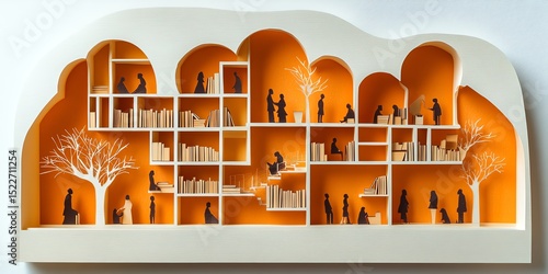 Visually striking paper cut representation of an inclusive library setting that promotes education access and knowledge sharing for people of all ages within a community