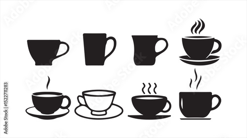 Teapots and Cups Silhouette Icon Set – Black Vector Illustration of Tea Serving. Victor illustration eps 10