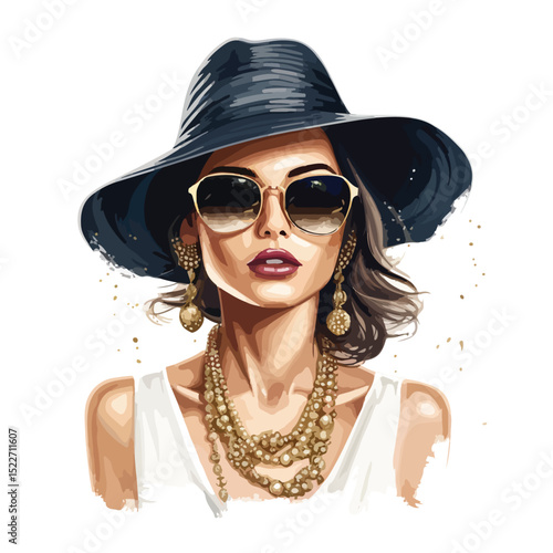 Elegant Fashionable Women Portrait with Stylish Hat and Sunglasses Vector Illustration