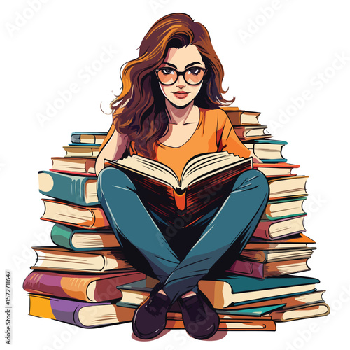 Professional woman immersed in the joy of reading on a stack of books