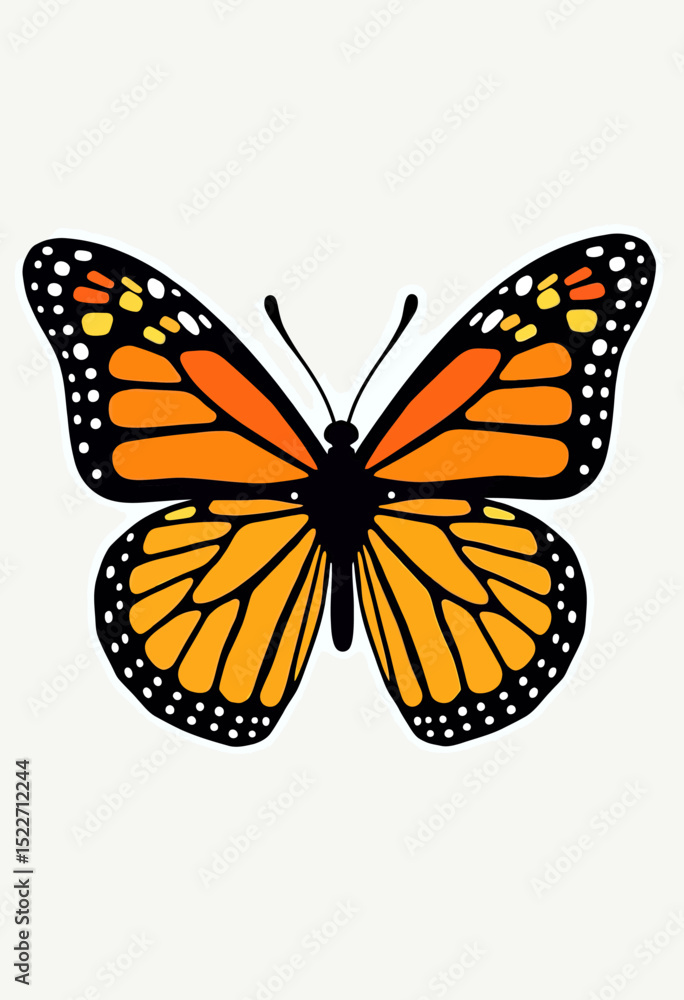 Fototapeta premium Vector icon of a butterfly symbolizing transformation, drawn with a bold black outline and filled with flat solid colors, designed in a simple and modern style against a white background 