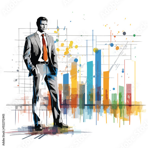 Professional Businessman Analyzing and Interpreting Statistics Scribble Illustration for Data Analysis Concept