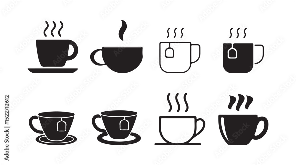 Tea and Coffee Cup Icon Set – Black and White Vector Illustrations. Victor illustration eps 10 Tea and Coffee Cup Icon Set – Black and White Vector Illustrations. Victor illustration eps 10