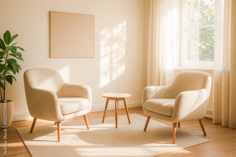 Warm and inviting therapy room filled with natural light, featuring two comfortable armchairs, a minimalist wooden table, soft neutral tones, and a peaceful atmosphere ideal for conversation Warm and inviting therapy room filled with natural light, featuring two comfortable armchairs, a minimalist wooden table, soft neutral tones, and a peaceful atmosphere ideal for conversation