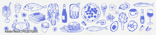 Italian summer chalk seafood set.Coastal Italy vacation sketched vector illustrations.Hand drawn elements in grunge crayon rough sketch. Watercolor, charcoal texture for design.	