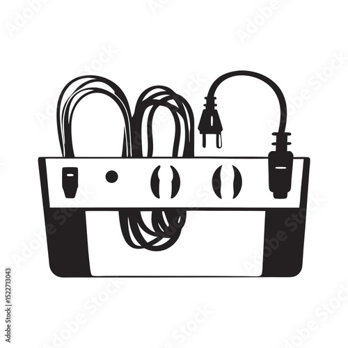 Electrical power strip with multiple cables and plugs connected  