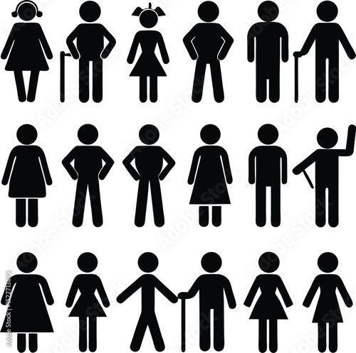Collection of diverse simple black stick figure icons representing people of different ages and genders