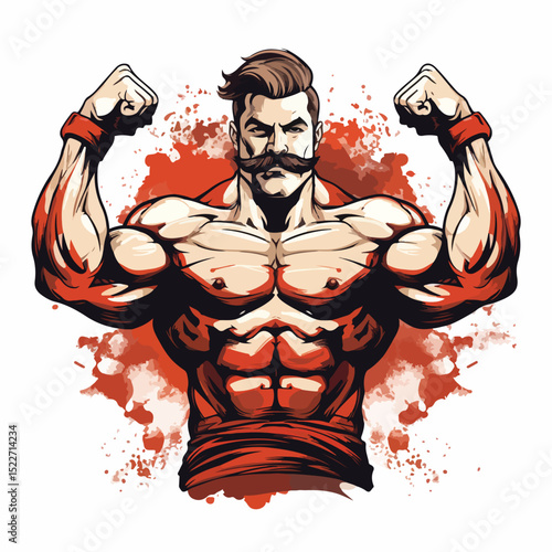Vintage Circus Strongman with Mustache Showing Muscle - Stock Vector Illustration