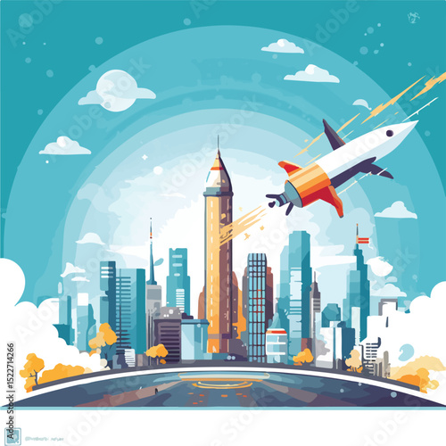 Professional City Landscape Background with Businessman Flying Towards Success