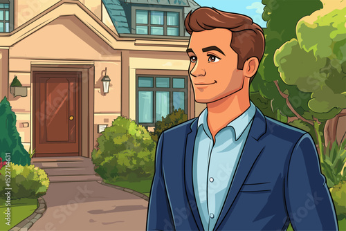 Elegant Home Front Exterior with Professional Person