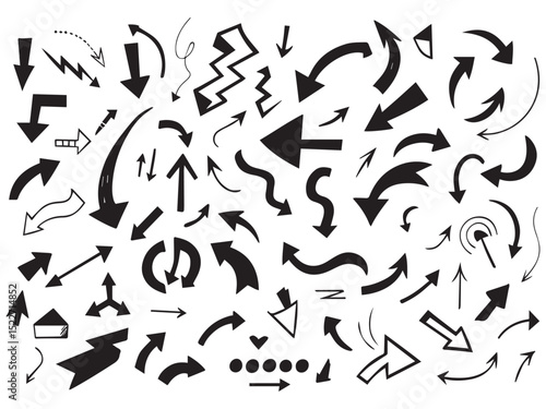 Abstract Arrows, Brush Stroke Direction Symbols, Grunge Sketch Arrows, Scribble Pointer, Hand Drawn Vector