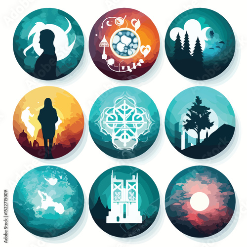 Professional Double Exposure Set of Nine Icons Vector Illustration in EPS Format