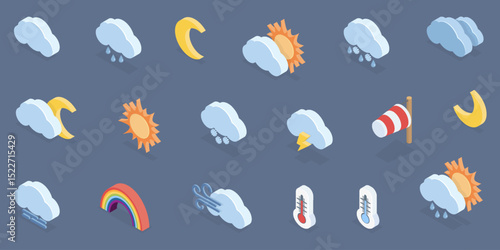 Weather icons set. Sun, moon, cloud, rain, wind, thunderstorm, fog, snow. Meteorological symbols for app. 3d flat isometric vector illustration.