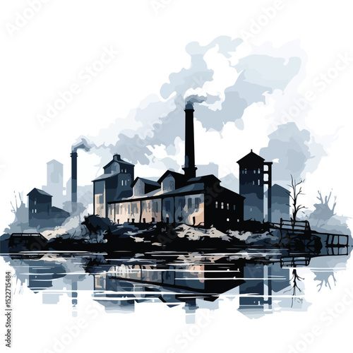 Industrial Factory Cartoon Silhouette Illustration - Industrial Manufacturing Plant Graphic for Designs