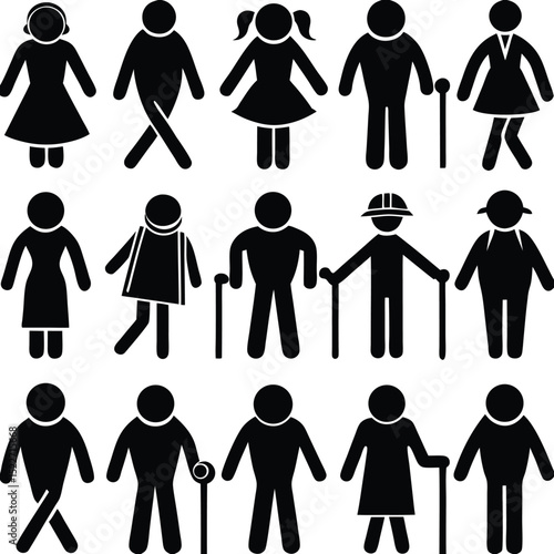Collection of diverse simple pictograms representing people of different ages and abilities