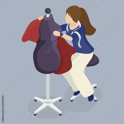 Seamstress women with mannequin. Fashion designer, dressmaker, seamstress, sewing workshop or courses, tailoring concept. 3d flat isometric vector illustration.