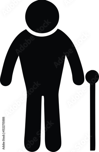 Simple black silhouette icon of an elderly person with a walking cane