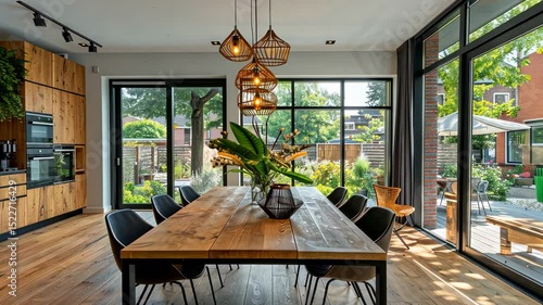 Sunlit Modern Dining Room with Wooden Table and Garden View