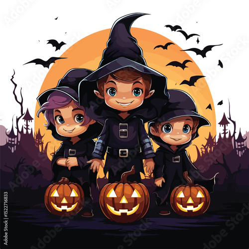 Spooky Halloween Dark Scene with Kids in Disguised Character - Vector Illustration