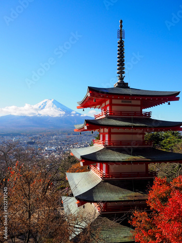 Autumn view of Chureito Pagoda with Mount Fuji in the background, Japan