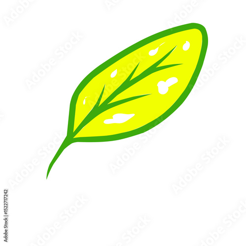 Stylized leaf illustration with vibrant green veins and small dark blemishes