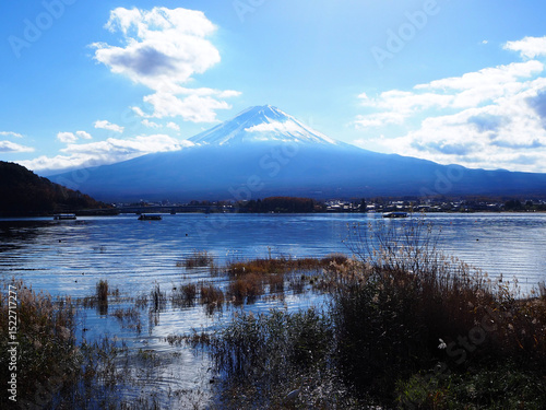 Sunny day view of Mount Fuji from the lakefront, Japan