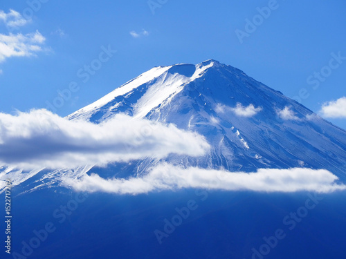 Snow-covered slopes of Mount Fuji on a clear sunny day