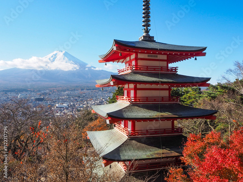 Autumn view of Chureito Pagoda with Mount Fuji in the background, Japan