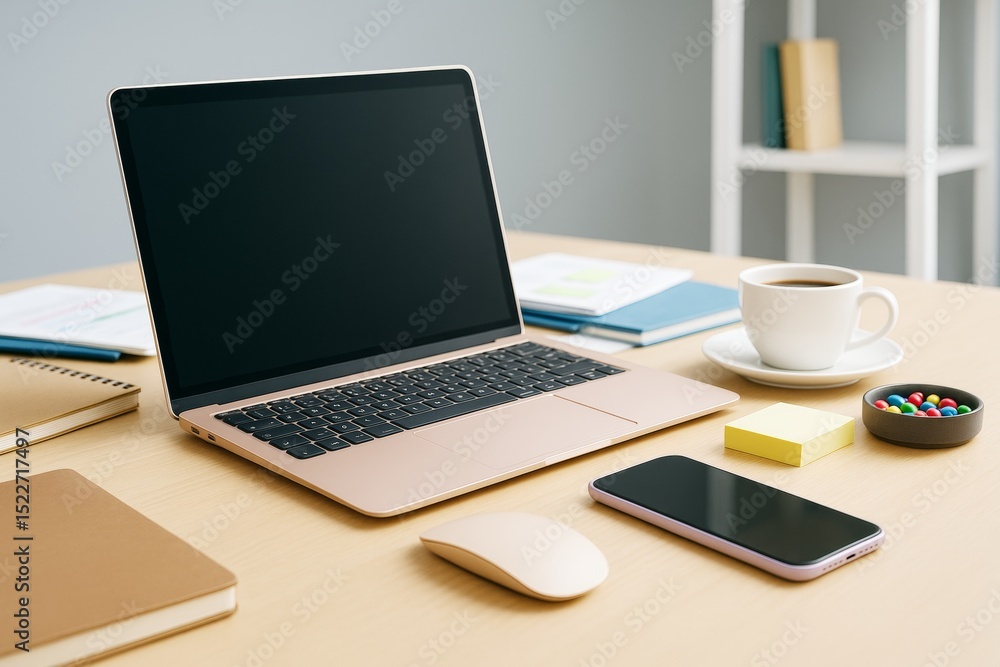 Modern workspace with laptop, smartphone, coffee cup, and stationery on wooden desk in light background home office setup. Ai generative. Modern workspace with laptop, smartphone, coffee cup, and stationery on wooden desk in light background home office setup. Ai generative.