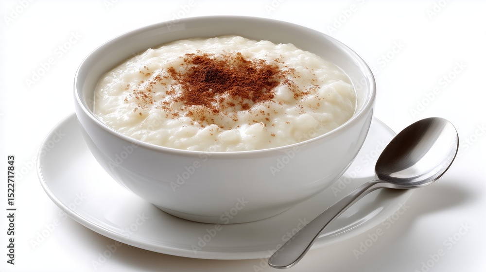 Creamy rice pudding topped with cinnamon served in a white bowl Creamy rice pudding topped with cinnamon served in a white bowl