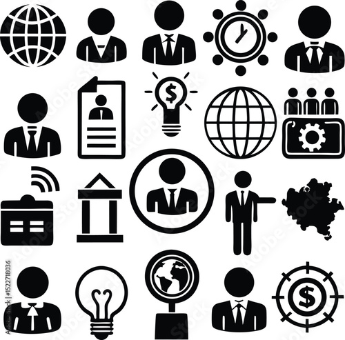 Collection of business and global icons people finance time management and global reach